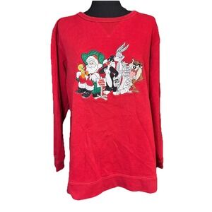 Vtg Looney Tunes Christmas Sweatshirt Red Warner Bros MED Embroidered